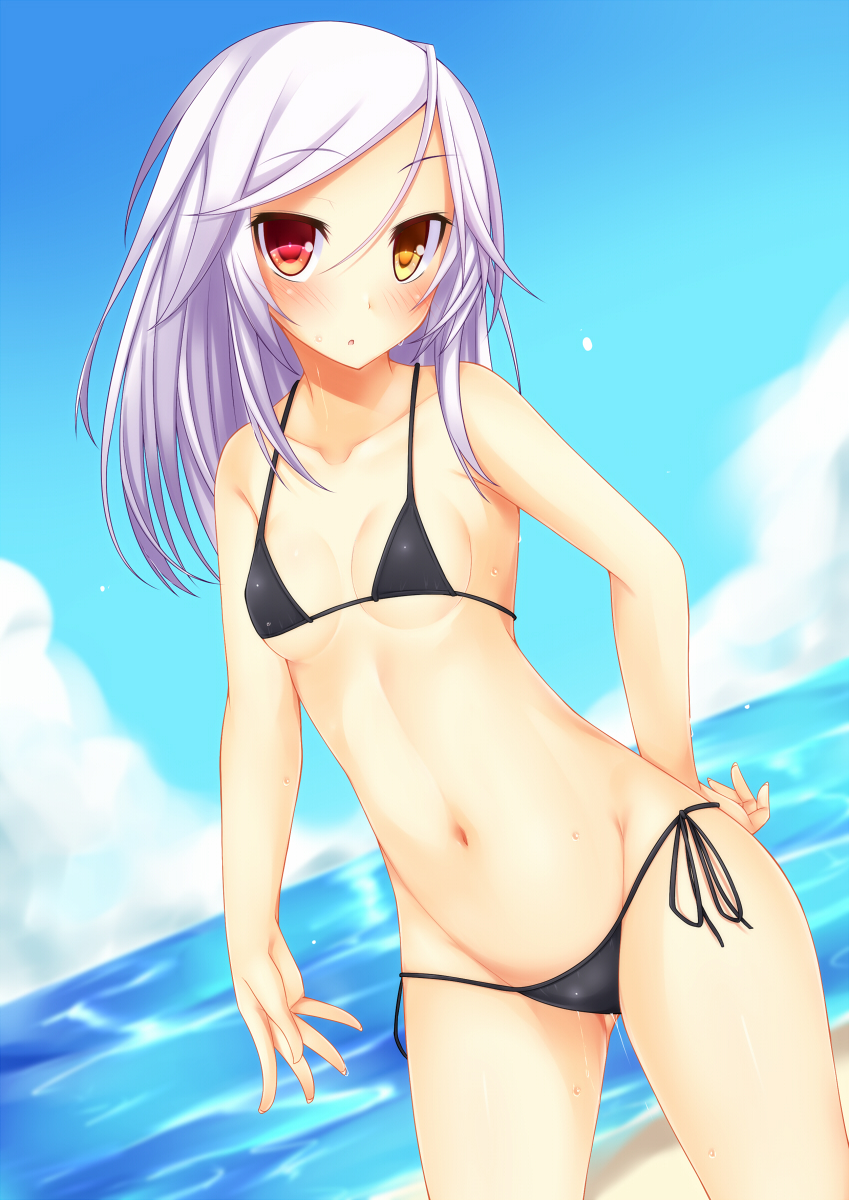 1girl, beach, bikini, black_bikini, blush, breasts, collarbone, day, dutch_angle, female_focus, groin, heterochromia, highres, larme_noir, light_purple_hair, long_hair, looking_at_viewer, navel, original, parted_lips, red_eyes, side-tie_bikini_bottom, small_breasts, solo, suterii, swimsuit, water, wet, yellow_eyes