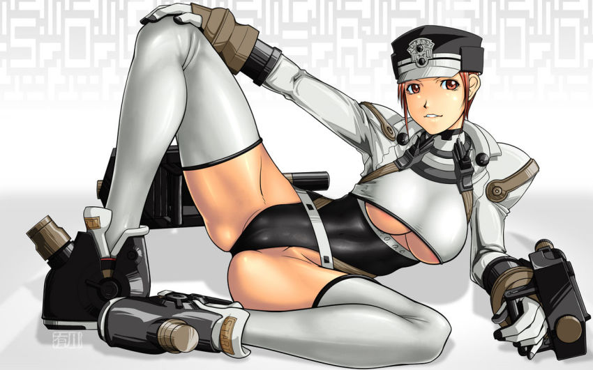 1girl, arm_support, atlus, belt, boots, breasts, cameltoe, female_focus, gloves, gouketsuji_ichizoku, groove_on_fight, hat, high_heels, large_breasts, legs, leotard, looking_at_viewer, lying, police, police_uniform, policewoman, qkat_(arikawa-dou), red_eyes, red_hair, short_hair, shoulder_pads, simple_background, smile, solis_r8000, solo, thighhighs, underboob