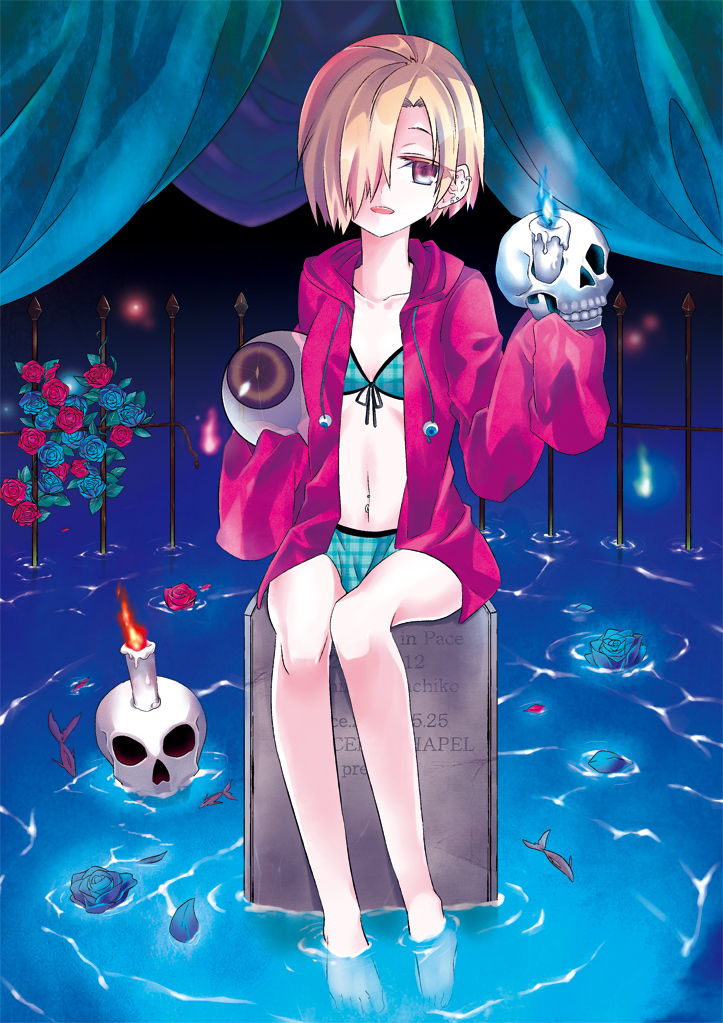 10s, 1girl, bags_under_eyes, bikini, blonde_hair, blue_flower, blue_rose, blush