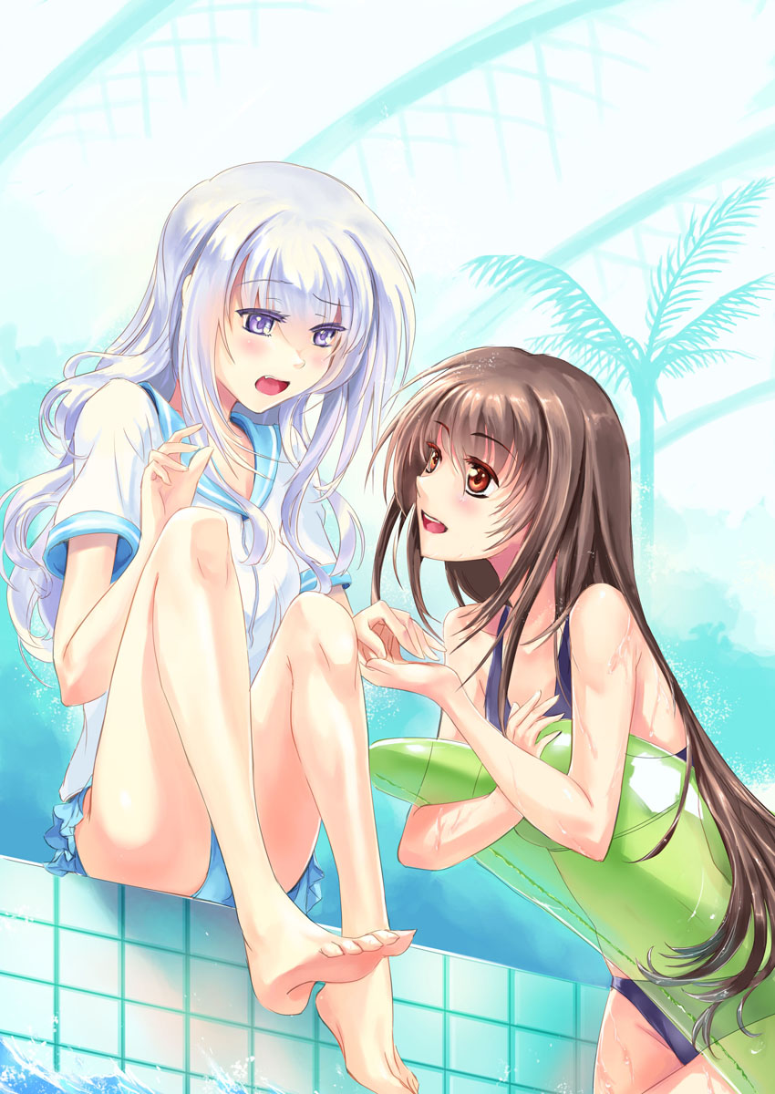 1boy, 1girl, barefoot, bikini, brown_hair, feet, highres, indoors