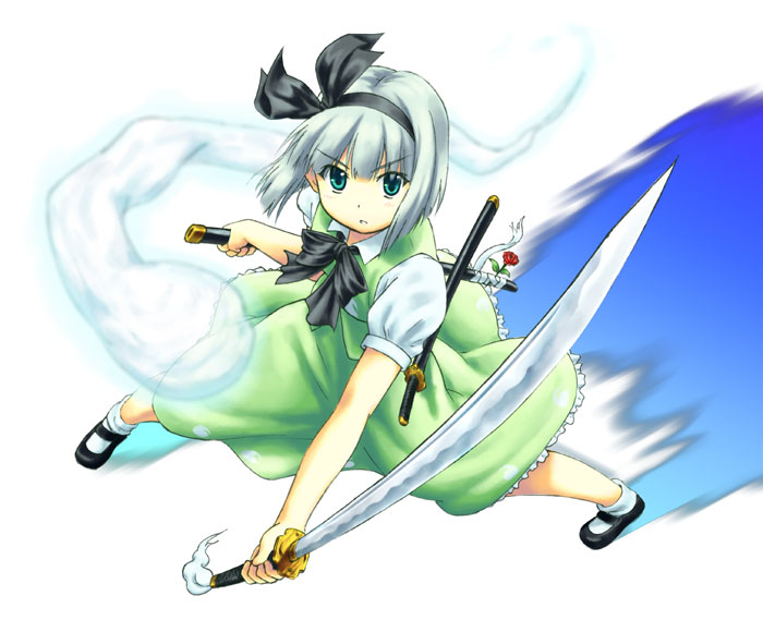 1girl, aqua_eyes, female_focus, hairband, hitodama, katana, konpaku_youmu, konpaku_youmu_(ghost)