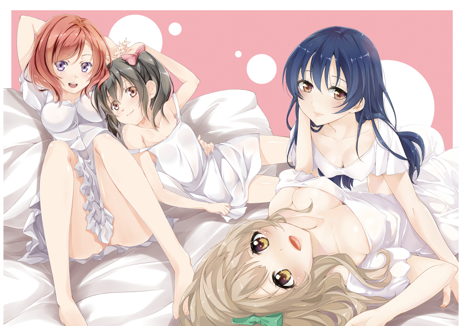 10s, 4girls, all_fours, artist_collaboration, bad_id, bad_pixiv_id, bare_shoulders, barefoot