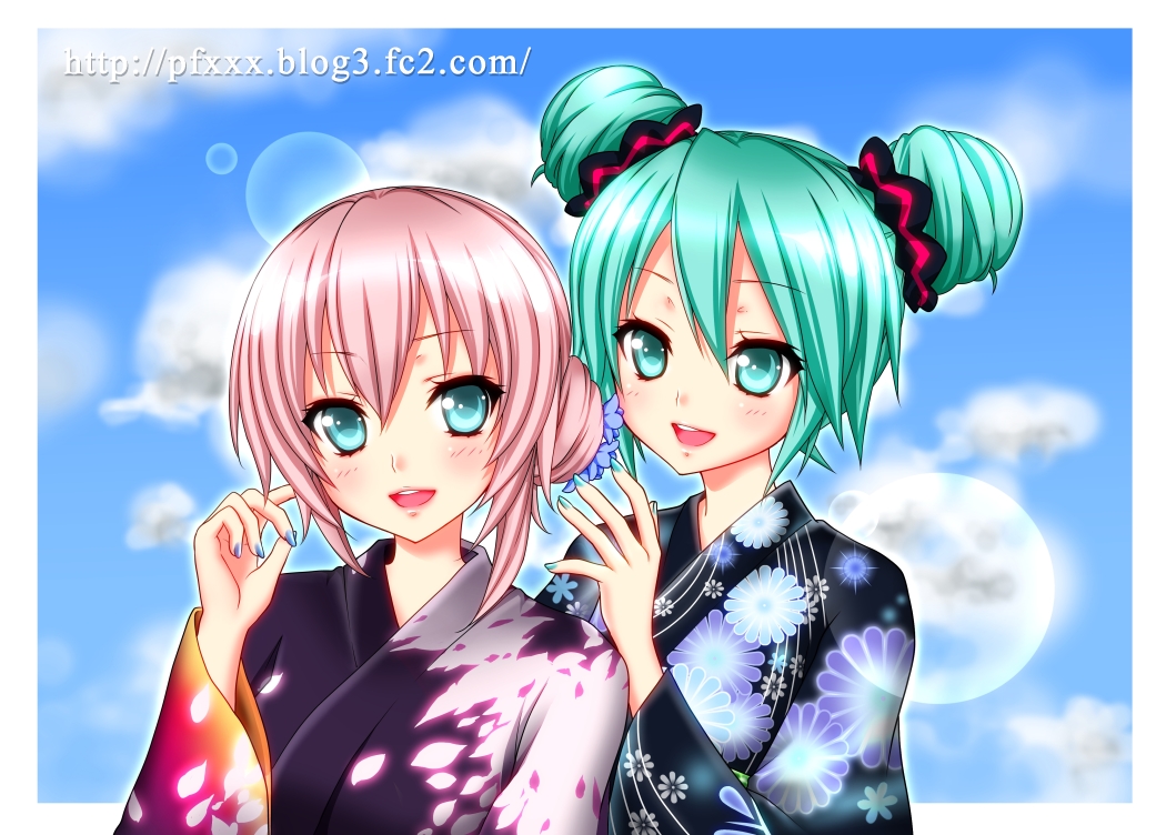 2girls, double_bun, green_eyes, green_hair, hair_bun, hatsune_miku, hatsune_miku_(yukata_style), japanese_clothes