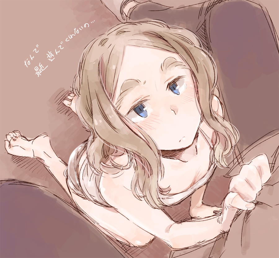 1girl, barefoot, between_legs, blue_eyes, blush, brown_hair, chibikko_(morihito), feet, kneeling, morihito, original, shorts, sketch, solo_focus, tank_top, thick_eyebrows, translated