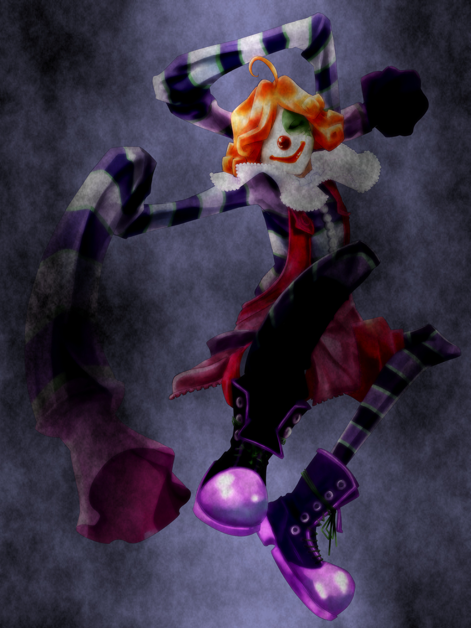 10s, 1girl, ahoge, bad_id, bad_pixiv_id, clown, fate/extra, fate_(series), female_focus, highres, long_sleeves, neumen, orange_hair, run_ru, rubber_nose, sleeves_past_wrists, solo, striped, suspenders