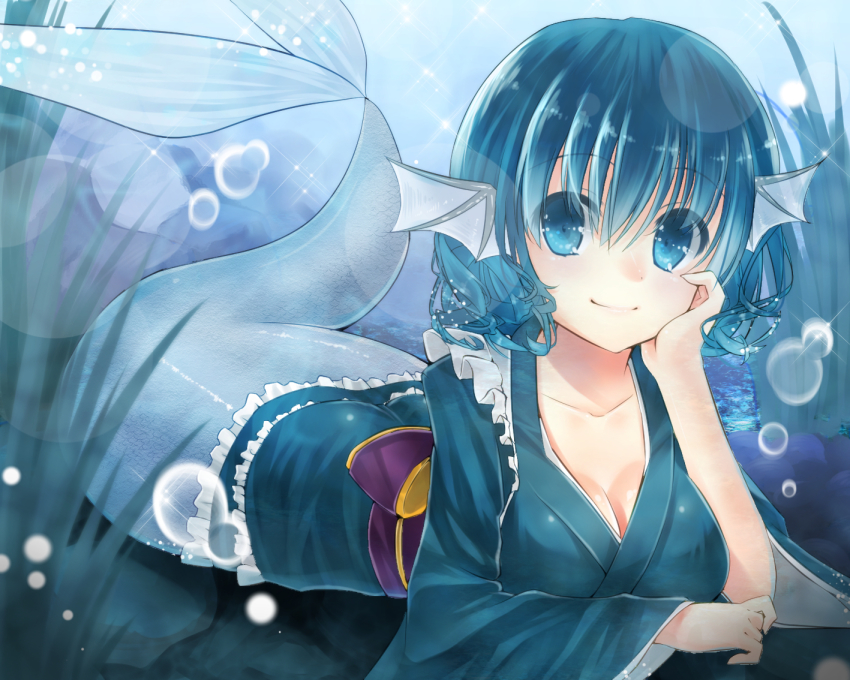 1girl, blue_eyes, blue_hair, breasts, bubble, cleavage, female_focus, fins
