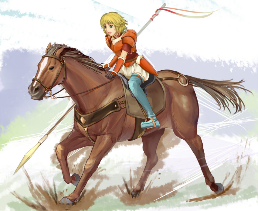 1girl, :d, amelia_(fire_emblem), armor, belt, blonde_hair, boots, bracer