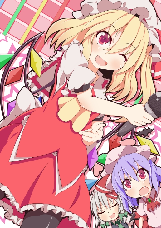 3girls, ;d, blonde_hair, closed_eyes, fang, flandre_scarlet, grey_hair, izayoi_sakuya