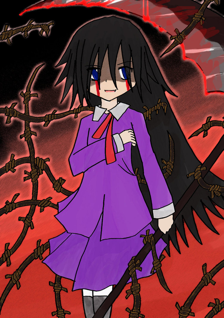 1girl, alessa_gillespie, barbed_wire, blood, blue_eyes, dark_alessa, death_reaper, female_focus, konami, reaper_scythe, school_uniform, scythe, silent_hill, silent_hill_(movie), silent_hill_(series), solo