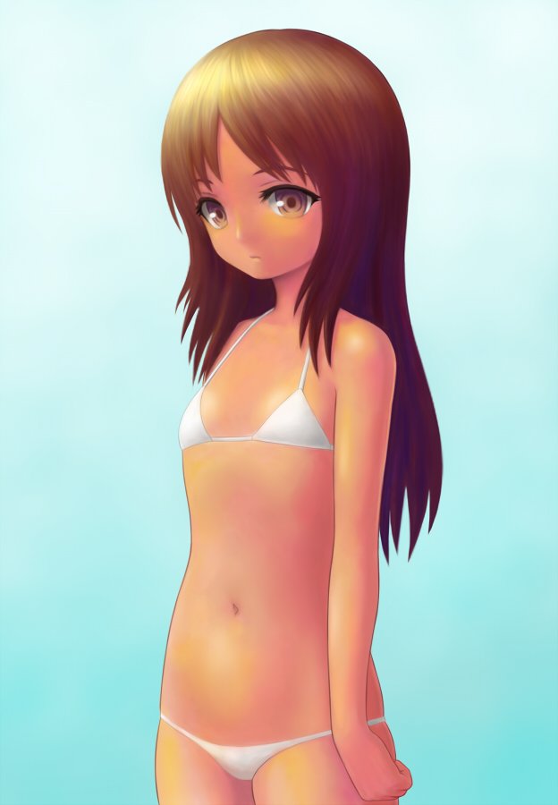 1girl, bikini, brown_eyes, brown_hair, female_focus, flat_chest, long_hair, lowleg