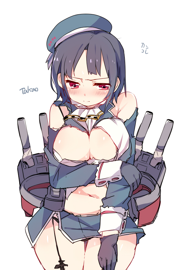 10s, 1girl, black_gloves, black_hair, blush, breasts, cleavage, female_focus
