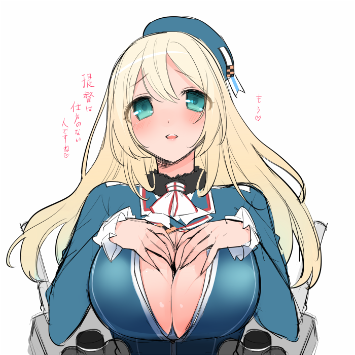 10s, 1girl, atago_(kancolle), bad_id, bad_pixiv_id, blonde_hair, blue_hat, blush, breasts, cleavage, donacoo, female_focus, green_eyes, hat, heart, kantai_collection, large_breasts, long_hair, looking_at_viewer, military, military_uniform, paizuri_invitation, personification, simple_background, smile, solo, translated, white_background, yuuhi_homare