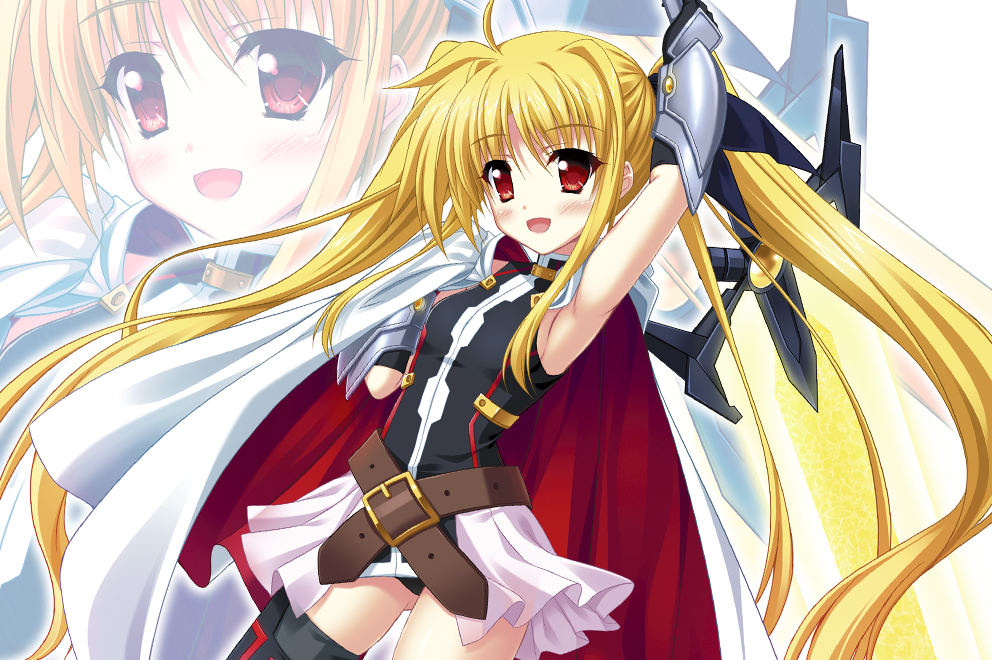 1girl, armpits, bardiche_(nanoha), bardiche_(zanber_form)_(nanoha), bare_shoulders, belt, blonde_hair, blush