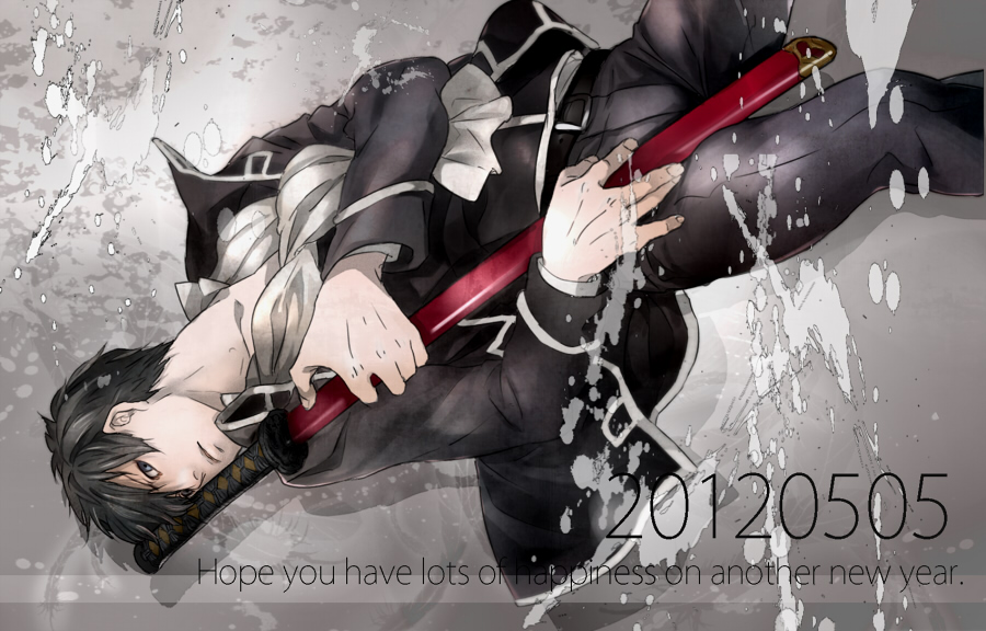 1boy, black_hair, blue_eyes, gintama, hijikata_toushirou, katana, male_focus, nyo6, sheath, solo, sword, uniform, weapon