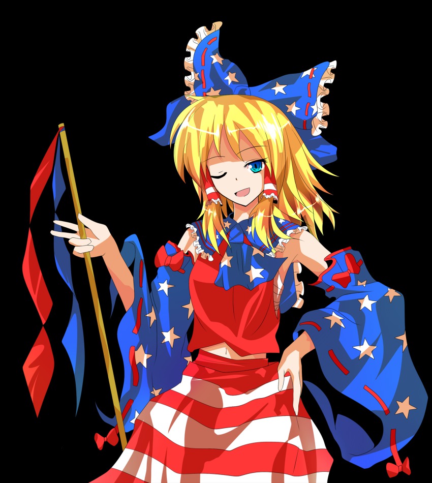 1girl, alphes_(style), alternate_color, alternate_hair_color, american_miko, blonde_hair, blue_eyes, bow, detached_sleeves, female_focus, gohei, hair_bow, hakurei_reimu, hand_on_own_hip, highres, looking_at_viewer, midriff, one_eye_closed, open_mouth, pandora-ex, parody, sarashi, smile, solo, star_(symbol), style_parody, touhou, transparent_background, united_states, white_background, wink