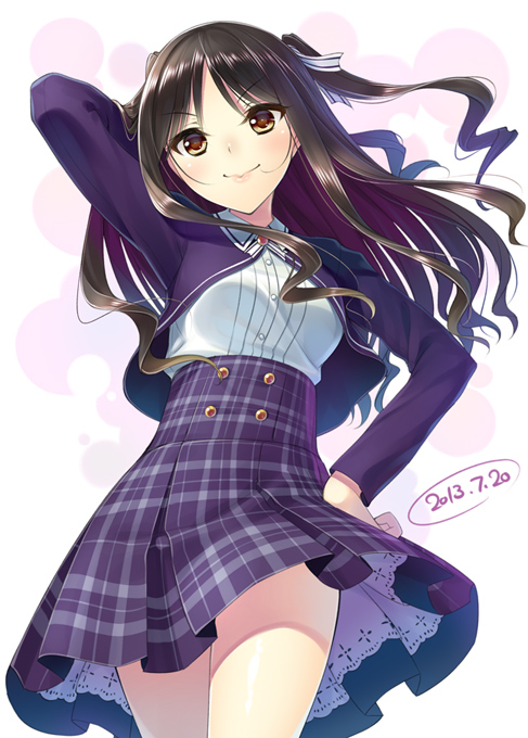 1girl, arm_behind_head, brown_eyes, brown_hair, cowboy_shot, dated, female_focus, from_below