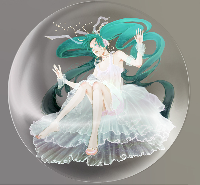 1girl, aqua_hair, dress, female_focus, floating, gown, green_hair, hatsune_miku, long_hair, pipikuro, solo, twintails, vocaloid, white_dress