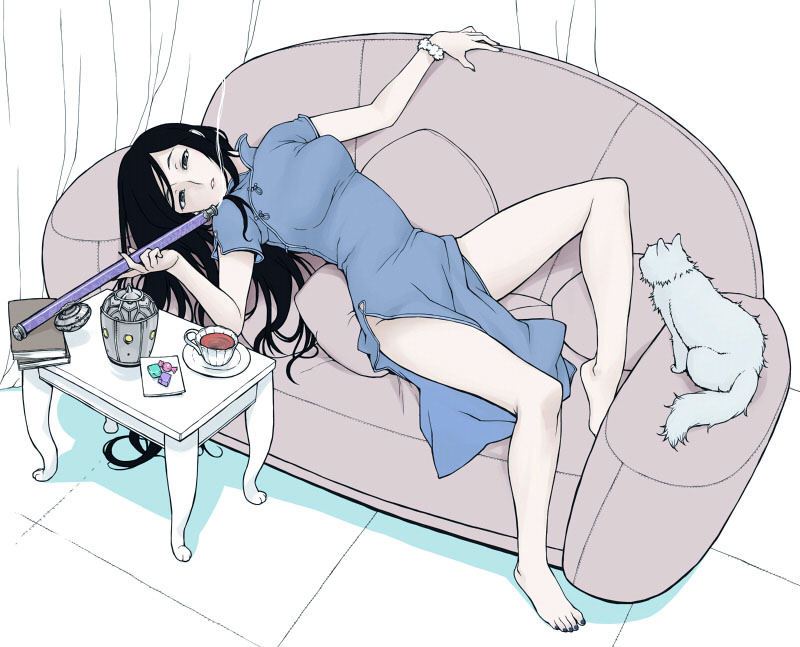 1girl, barefoot, black_eyes, black_hair, candy, cat, china_dress, chinese_clothes, coffee, couch, dress, female_focus, food, grey_eyes, hebichan, kiseru, legs, long_hair, looking_at_viewer, lying, nail_polish, no_panties, on_back, original, parted_lips, smoking_pipe, qipao_dress, side_slit, smoke, solo, table, toenail_polish, toenails