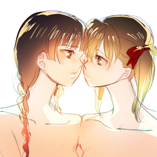 00s, 2girls, backlighting, bare_shoulders, braid, brown_hair, fukuzawa_yumi, hair_ribbon, hime_cut, imminent_kiss, looking_at_another, lowres, maria-sama_ga_miteru, multiple_girls, nude, one-eyed, raafuru, ribbon, shimazu_yoshino, twin_braids, twintails, white_background, yuri