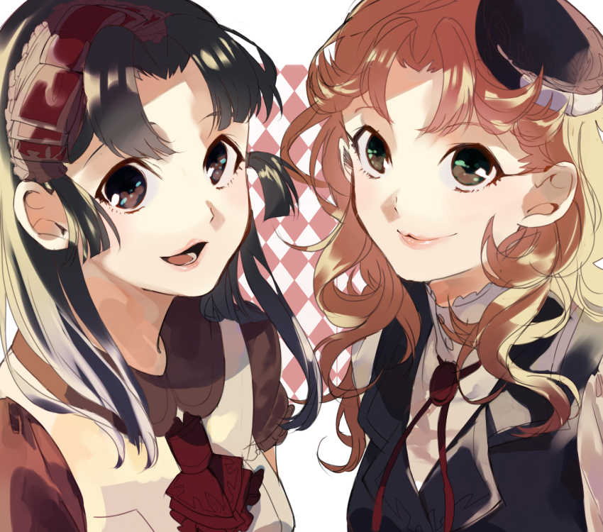 2girls, argyle_background, argyle_clothes, ascot, beret, black_hair, blonde_hair, brown_eyes