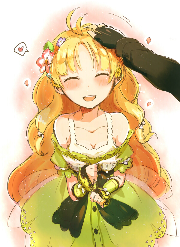 1boy, 1girl, 38kb_(38shiki), ^_^, atelier_(series), atelier_ayesha, ayesha_altugle, blonde_hair, blush, bow, breasts, cleavage, closed_eyes, flower, gloves, hair_ornament, hand_on_another's_head, head_pat, headpat, heart, hetero, keithgriff_hazeldine, long_hair, off_shoulder, smile, solo_focus, spoken_heart, very_long_hair, waist_bow