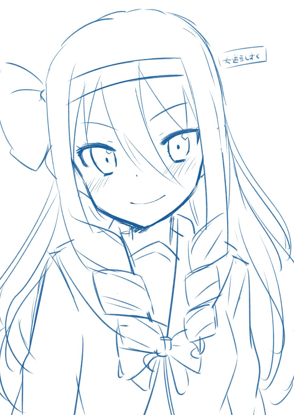 1girl, bad_id, bad_pixiv_id, blue_theme, blush, bow, character_name, daidouji_shizuku, drill_hair, female_focus, hair_bow, hair_ribbon, highres, long_hair, looking_at_viewer, monochrome, muku_(muku-coffee), original, ribbon, simple_background, sketch, smile, solo, white_background