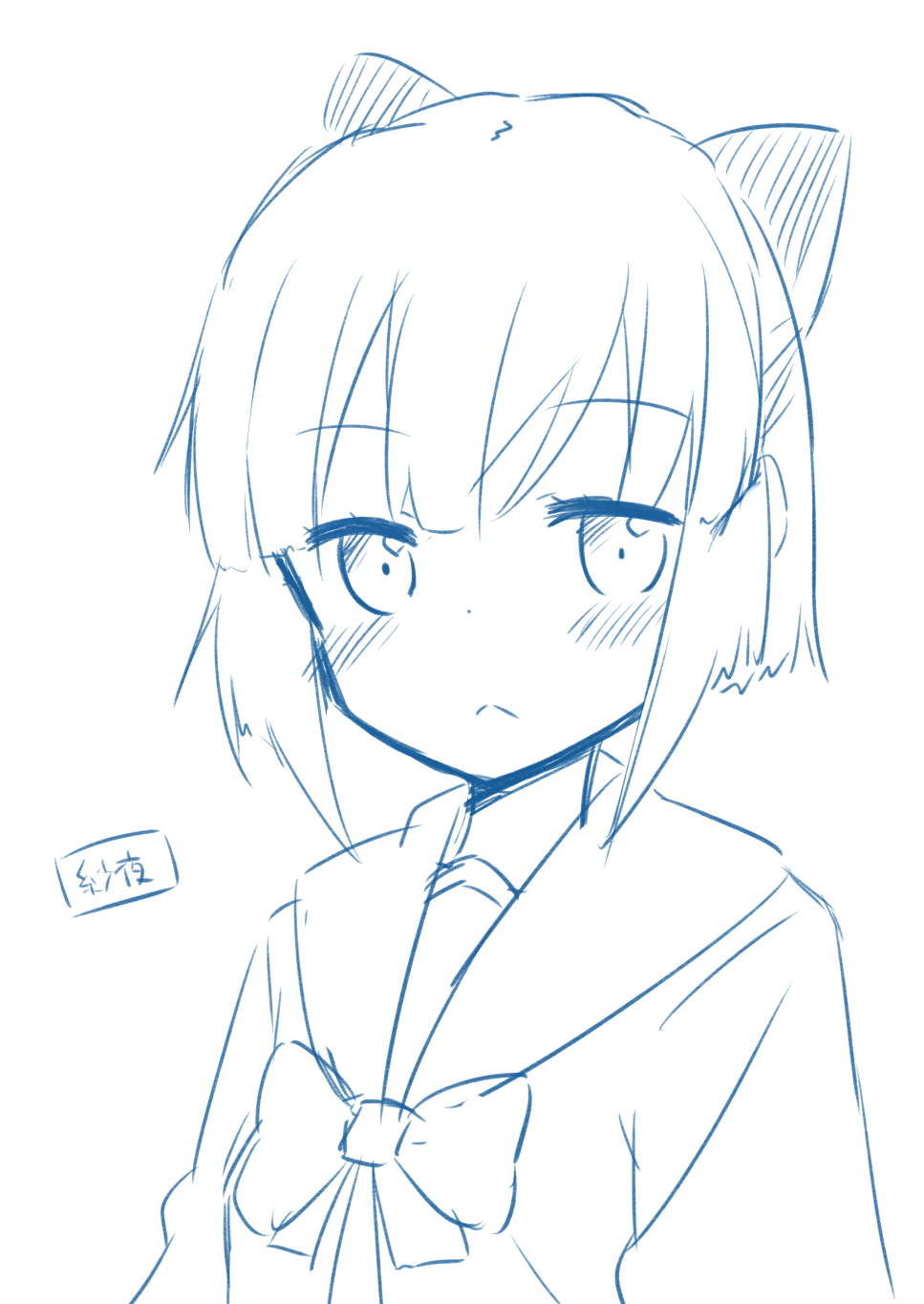 1girl, bad_id, bad_pixiv_id, blue_theme, blush, character_name, daidouji_saya, female_focus, highres, looking_at_viewer, monochrome, muku_(muku-coffee), original, short_hair, simple_background, solo, translation_request, white_background