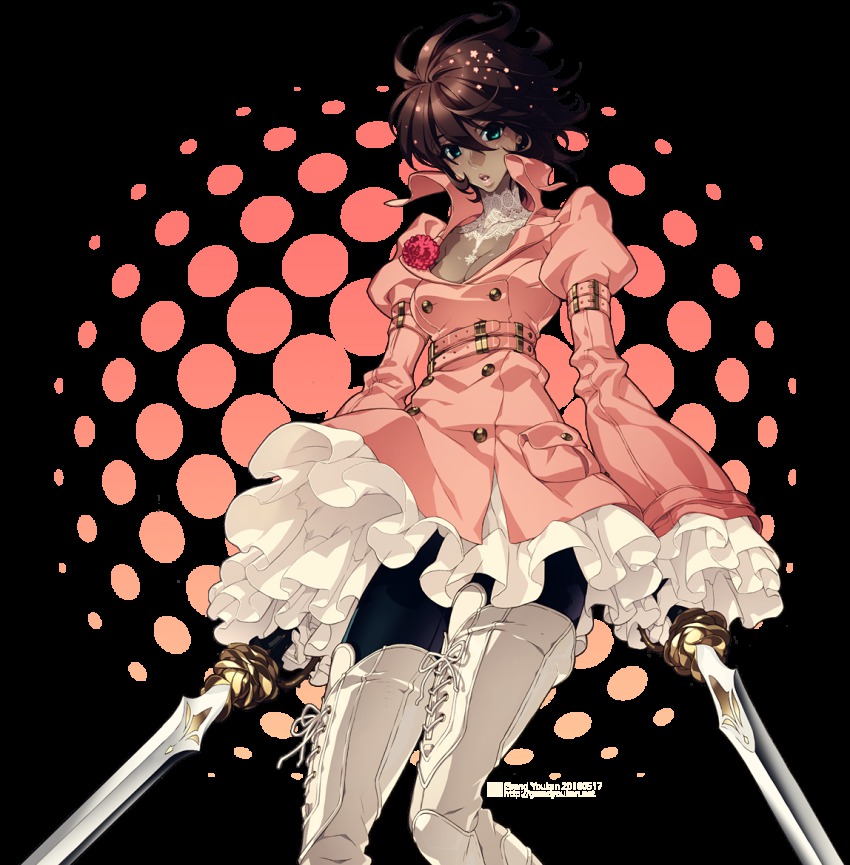 1girl, boots, breasts, brown_hair, buckle, cleavage, coat_dress, dark-skinned_female, dark_skin, dress, dual_wielding, female_focus, flower, grandyoukan, green_eyes, holding, leggings, md5_mismatch, medium_breasts, mewll, original, shadow, short_hair, solo, sword, thigh_boots, thighhighs, transparent_background, weapon