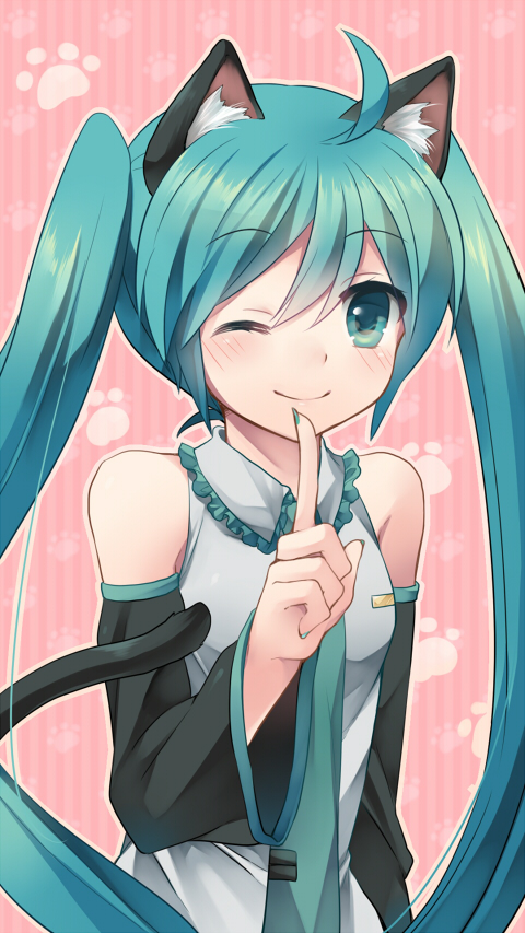 1girl, ahoge, animal_ears, aqua_eyes, aqua_hair, cat_ears, cat_tail, female_focus, hatsune_miku, kemonomimi_mode, long_hair, necktie, one_eye_closed, shinyae, smile, solo, tail, twintails, vocaloid, wink