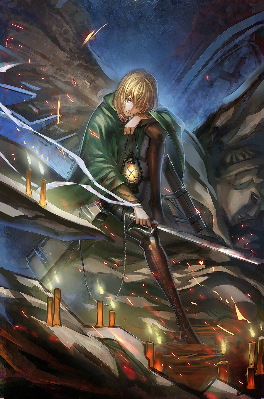 1boy, armin_arlert, belt, blonde_hair, blue_background, blue_eyes, boots, brown_boots