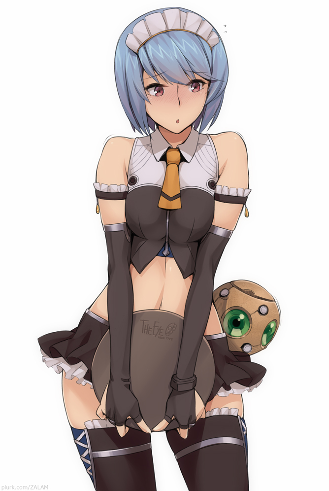 1girl, :o, adapted_costume, arm_garter, bare_shoulders, blue_hair, blush, breasts, bridal_gauntlets, contrapposto, elbow_gloves, female_focus, fingerless_gloves, flying_sweatdrops, frilled_skirt, frilled_thighhighs, frills, gloves, hip_focus, kurowa, looking_away, maid, maid_headdress, marguerite_(unlight), medium_breasts, midriff, miniskirt, navel, necktie, pleated_skirt, robot, shy, skirt, solo, square-end_necktie, standing, thighhighs, tray, unlight, zettai_ryouiki