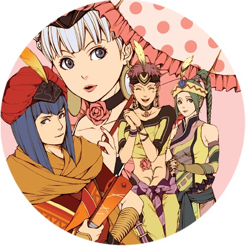 1boy, 3girls, braid, closed_eyes, dress, feathers, flower, gensou_suikoden