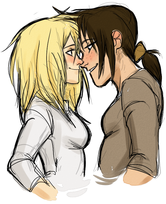 2girls, black_hair, blonde_hair, krista_lenz, couple, eye_contact, freckles, from_side, imminent_kiss, joehatesreality, johannathemad, looking_at_another, multiple_girls, ponytail, shingeki_no_kyojin, short_hair, smile, white_background, ymir_(shingeki_no_kyojin), yuri