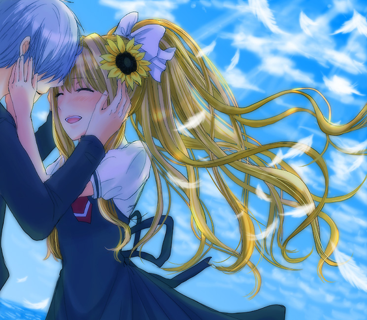 00s, 1girl, air_(visual_novel), blonde_hair, closed_eyes, couple, flower, grey_hair