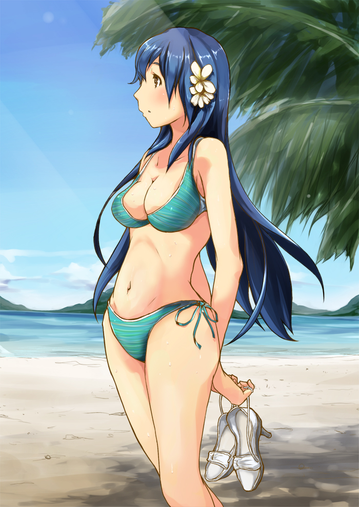 1girl, bad_id, bad_pixiv_id, beach, bikini, blue_hair, blush, brown_eyes, cloud, day, female_focus, flower, groin, hair_flower, hair_ornament, high_heels, karajio, lens_flare, long_hair, mountain, original, palm_tree, shoes, side-tie_bikini_bottom, solo, striped_bikini, striped_clothes, sweat, swimsuit, tree, unworn_shoes