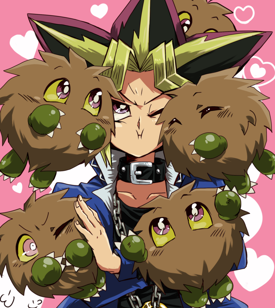 1boy, ^_^, bad_id, bad_pixiv_id, chain, closed_eyes, collarbone, duel_monster, colored_bangs, heart, jacket, kojima, kuriboh, multicolored_hair, muto_yugi, purple_eyes, pushing, pushing_away, spiked_hair, wince, yami_yugi, yu-gi-oh!, yu-gi-oh!_duel_monsters