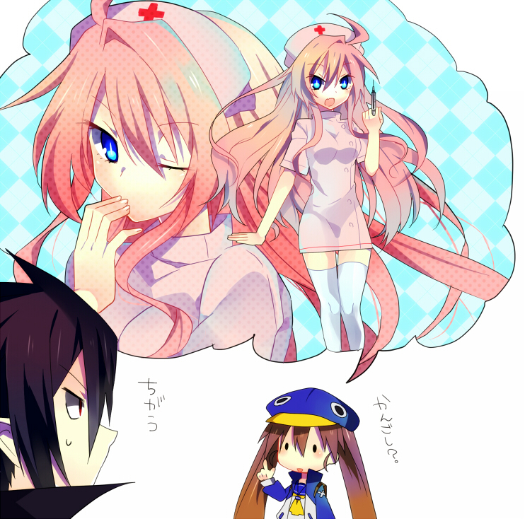 1boy, 2girls, ahoge, artina_(disgaea), black_hair, blue_eyes, blue_hat, brown_hair