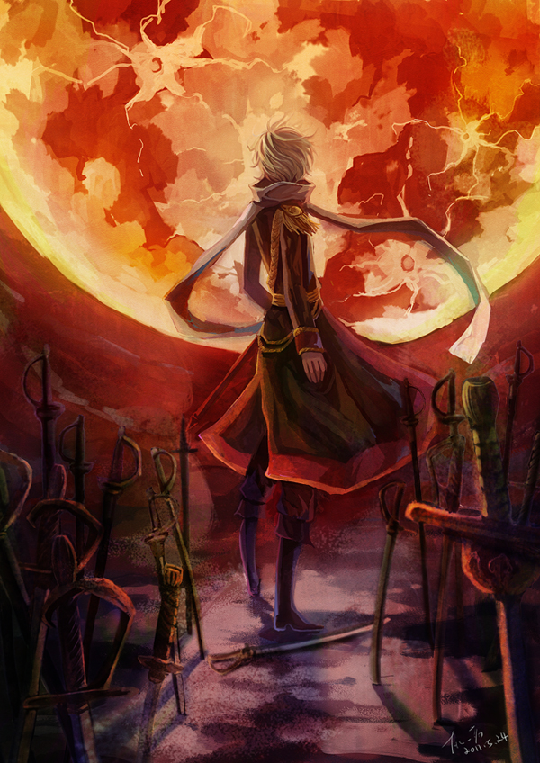 1boy, axis_powers_hetalia, blonde_hair, boots, cutlass, field_of_blades, full_moon, hui_ming