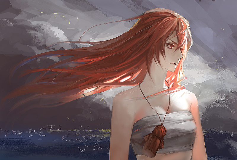 10s, 1girl, bandeau, female_focus, hui_ming, jewelry, kusaribe_hakaze, long_hair, midriff, necklace, red_eyes, red_hair, solo, zetsuen_no_tempest