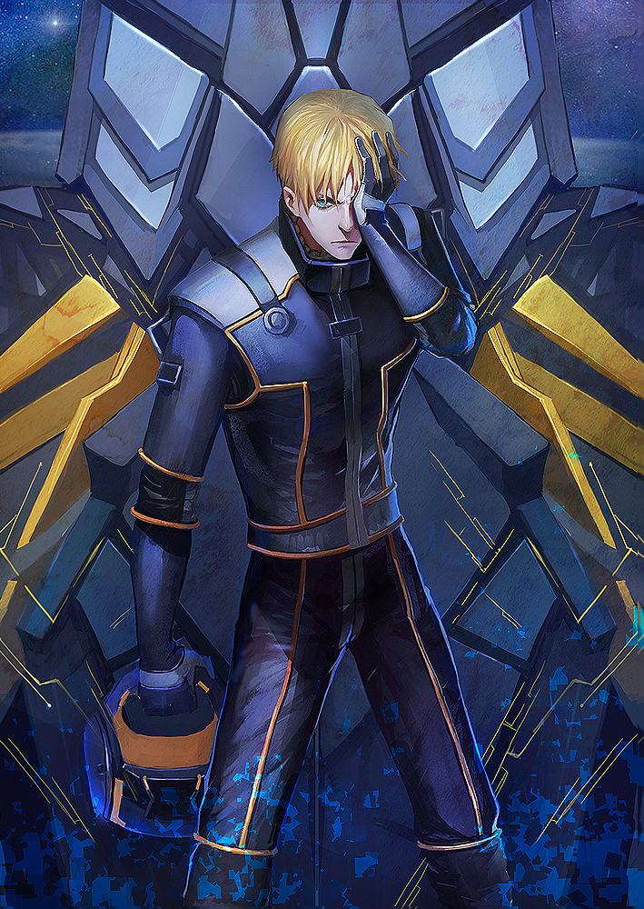 1boy, blonde_hair, blue_eyes, gundam, gundam_unicorn, hui_ming, male_focus, pilot_suit