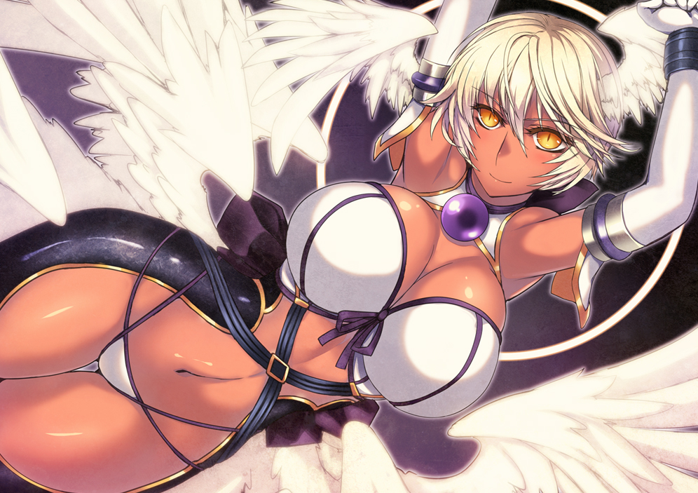 1girl, armpits, arms_up, bad_id, bad_pixiv_id, bare_shoulders, blonde_hair, breasts, cleavage, curvy, dark-skinned_female, dark_skin, elbow_gloves, female_focus, gloves, head_wings, huge_breasts, lilith_(shinrabanshou), looking_at_viewer, multiple_wings, navel, shinrabanshou, short_hair, slit_pupils, smile, solo, takebouzu, thigh_gap, white_gloves, wide_hips, wings, yellow_eyes