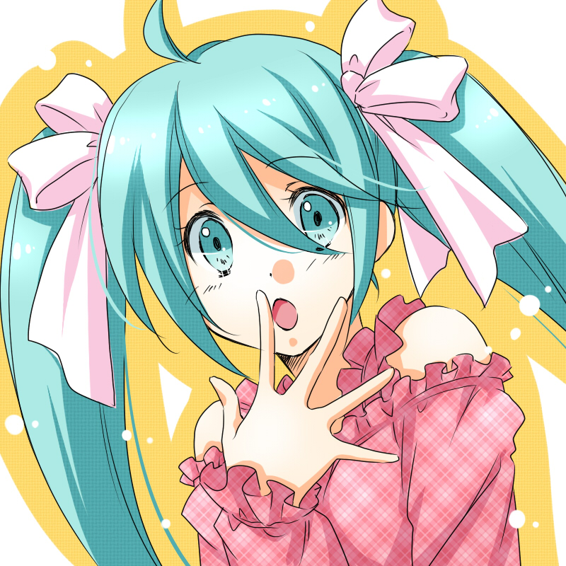 1girl, ahoge, aqua_eyes, aqua_hair, bad_id, bad_pixiv_id, female_focus, hair_ribbon, hatsune_miku, minato1026, open_mouth, ribbon, solo, twintails, vocaloid