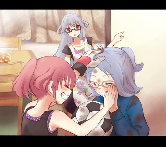 3girls, apron, atago_hiroe, atago_kinue, atago_masae, ball, blue_hair, blush