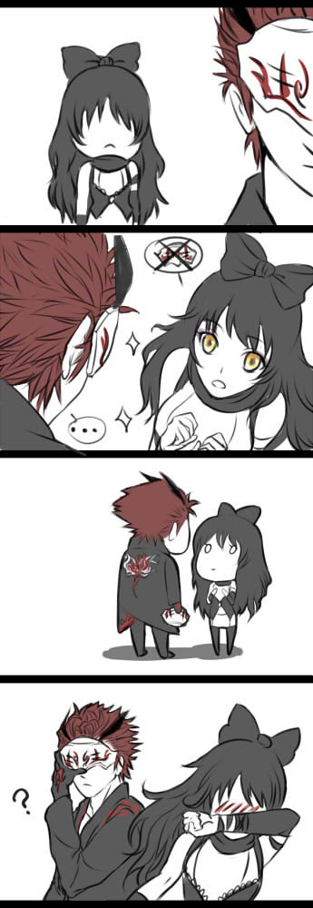 ..., 1boy, 1girl, 4koma, ?, adam_taurus, black_hair, blake_belladonna, blush, bow, brown_hair, chibi, comic, eye_contact, gloves, hair_bow, long_hair, looking_at_another, mask, red_hair, rwby, sasora, speech_bubble, yellow_eyes