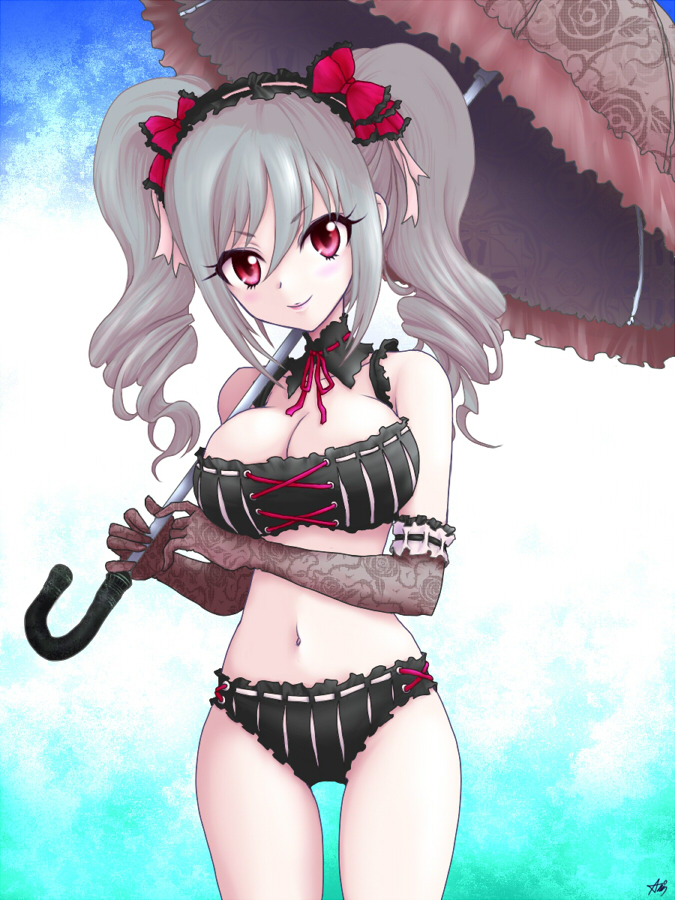 10s, 1girl, ashmix, bikini, drill_hair, elbow_gloves, female_focus, gloves, gothic_lolita, grey_hair, grey_umbrella, idolmaster, idolmaster_cinderella_girls, kanzaki_ranko, lolita_fashion, long_hair, red_eyes, solo, swimsuit, twintails, umbrella