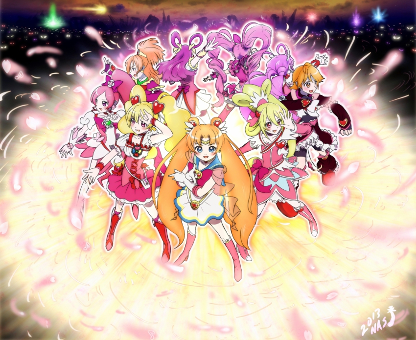 00s, 10s, 1990s_(style), 2013, 6+girls, aida_mana, arm_up, arm_warmers