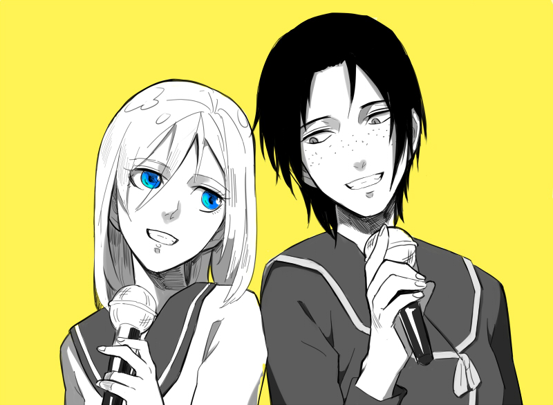 2girls, blue_eyes, krista_lenz, clenched_teeth, cosplay, female_focus, freckles, ga-rei