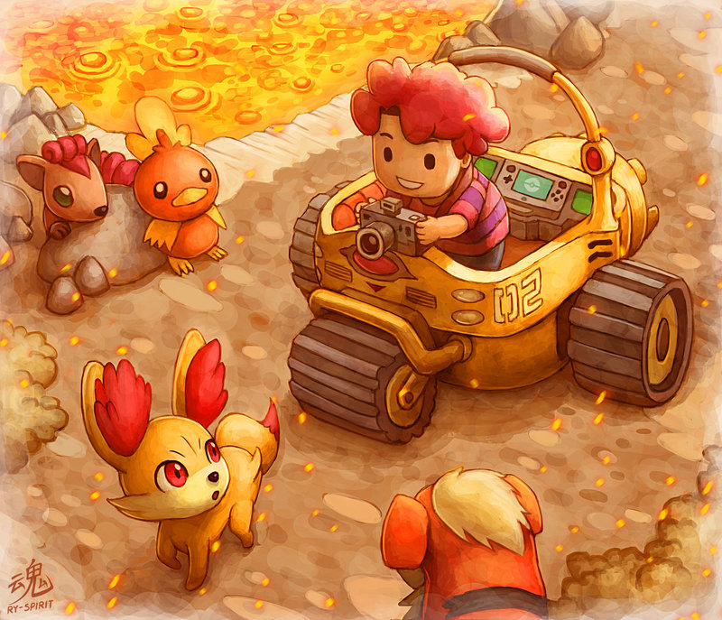 1990s_(style), 1boy, camera, fennekin, gen_1_pokemon, gen_3_pokemon, gen_6_pokemon, growlithe