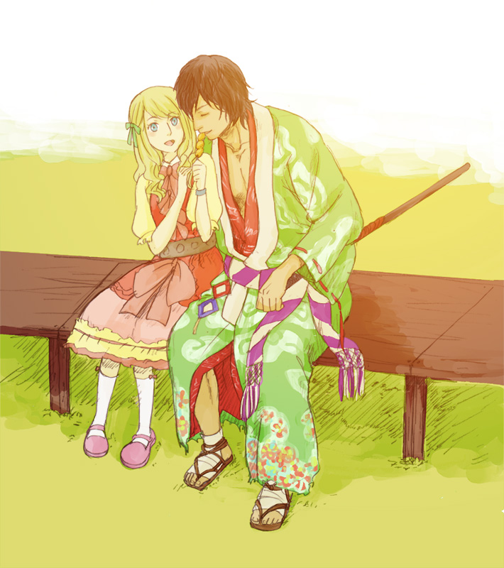 1boy, 1girl, acquire, age_difference, bandages, blonde_hair, blue_eyes, blush, brown_hair, closed_eyes, dango, food, hair_ribbon, katana, laura_lita, nameless_samurai, ribbon, samurai_dou_4, sandals, sword, wagashi, way_of_the_samurai, weapon