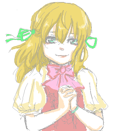 1girl, acquire, blonde_hair, bracelet, female_focus, green_eyes, hair_ribbon, jewelry